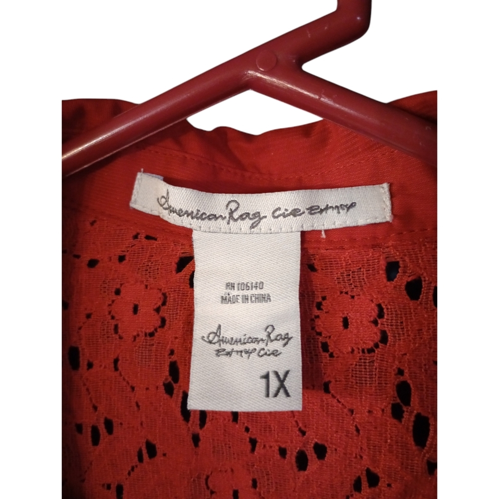 American Rag Red Eyelet Mix Fabric Shirt Dress Country Cottagecore Cowgirl 1X - Picture 7 of 12